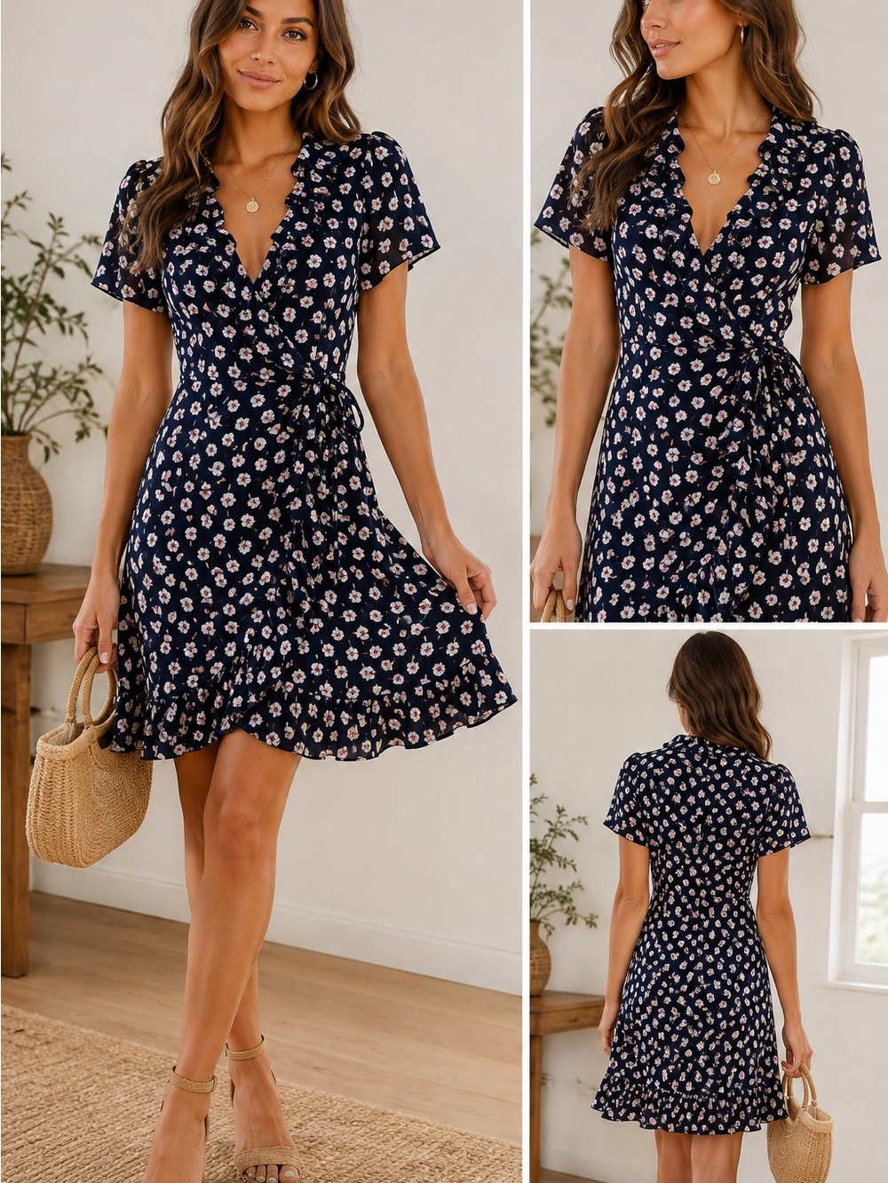 Blue Rain Navy Floral Wrap Dress with Ruffle Hem